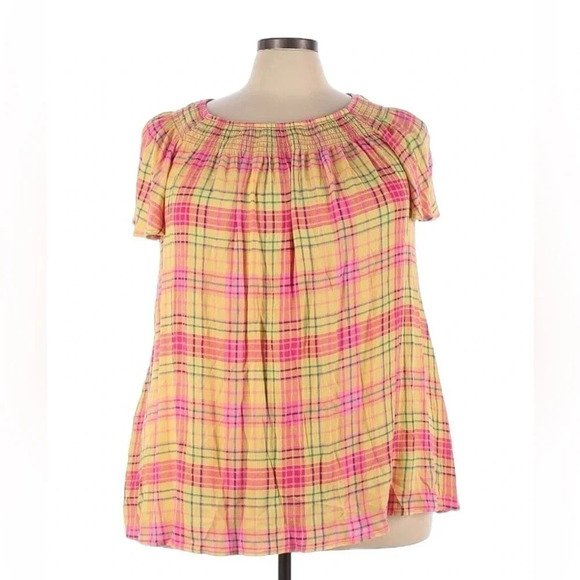 Torrid | Smocked Crew Neck Blouse Crinkle Gauze Plaid Yellow Plus Size 3X - Picture 4 of 6
